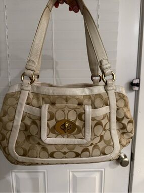 Coach Beige Signature Cricket Shoulder Bag with Cream Leather Trim
